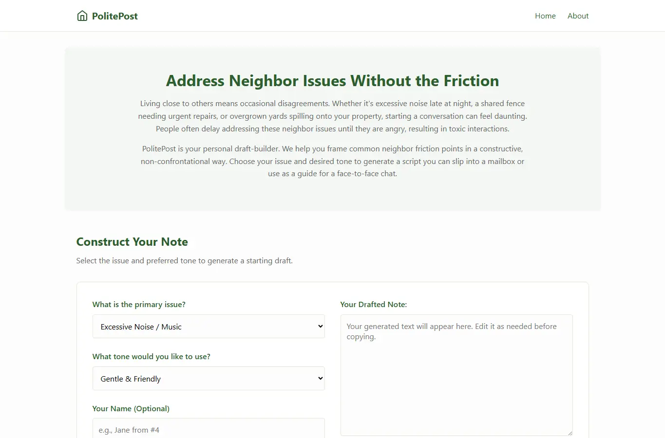 Screenshot of PolitePost: Neighbor Note Helper interface showing the project page in use